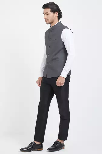 Grey cotton straight plain nehru jacket for men's