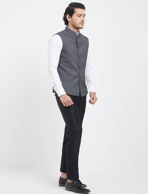 Grey cotton straight plain nehru jacket for men's 3