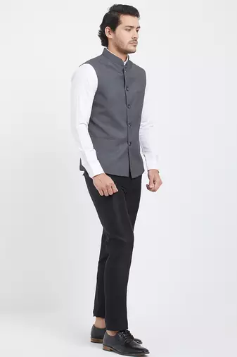 Grey cotton straight plain nehru jacket for men's