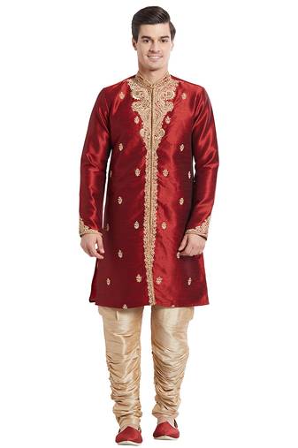 Maroon silk straight embroidery with handwork indisherwani for men's