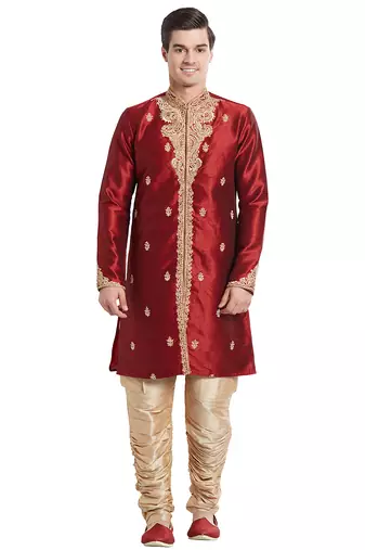 Maroon silk straight embroidery with handwork indisherwani for men's