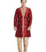 Maroon silk straight embroidery with handwork indisherwani for men's