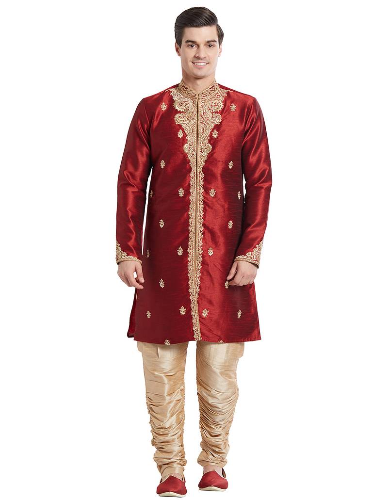 Maroon silk straight embroidery with handwork indisherwani for men's