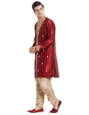 Maroon silk straight embroidery with handwork indisherwani for men's 2