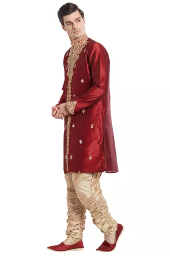 Maroon silk straight embroidery with handwork indisherwani for men's