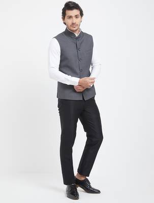 Grey cotton straight plain nehru jacket for men's 4