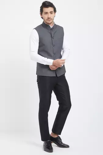 Grey cotton straight plain nehru jacket for men's