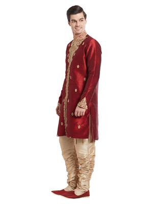 Maroon silk straight embroidery with handwork indisherwani for men's 3