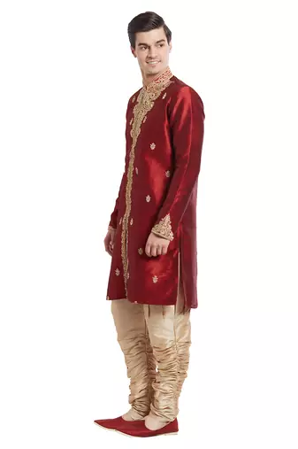 Maroon silk straight embroidery with handwork indisherwani for men's
