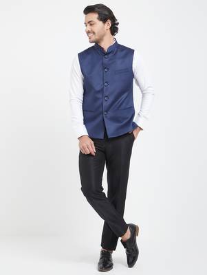 Navy blue cotton straight plain nehru jacket for men's 1