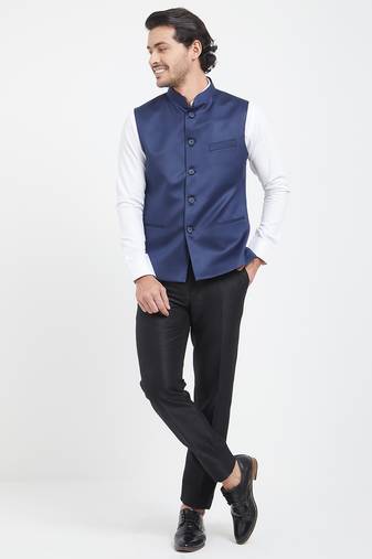 Navy blue cotton straight plain nehru jacket for men's