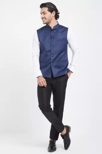 Navy blue cotton straight plain nehru jacket for men's