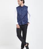 Navy blue cotton straight plain nehru jacket for men's