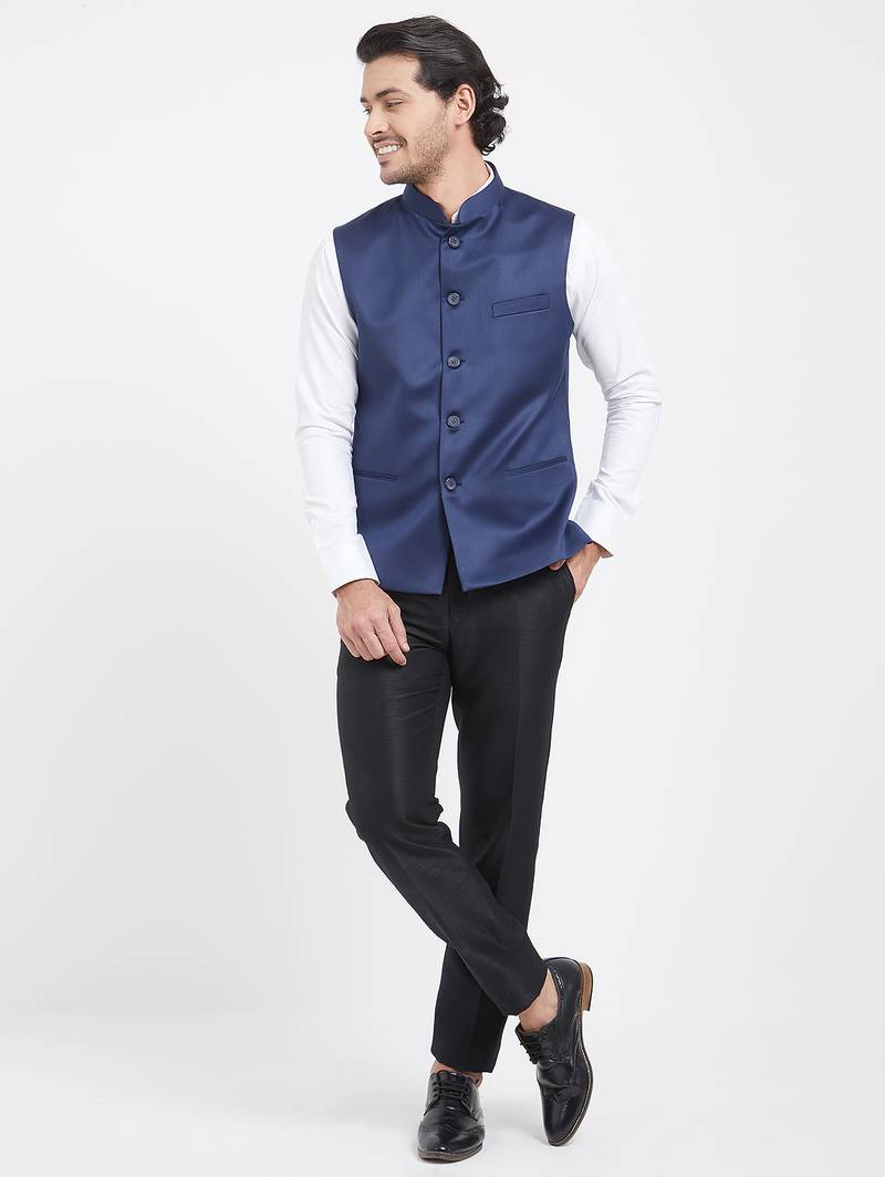 Navy blue cotton straight plain nehru jacket for men's