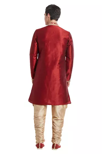 Maroon silk straight embroidery with handwork indisherwani for men's
