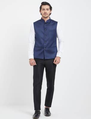 Navy blue cotton straight plain nehru jacket for men's 2