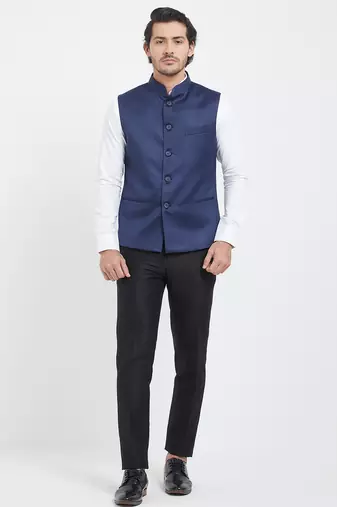 Navy blue cotton straight plain nehru jacket for men's