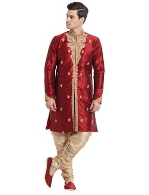 Maroon silk straight embroidery with handwork indisherwani for men's 5