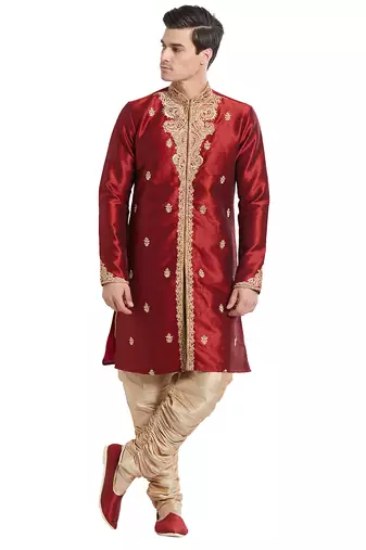 Maroon silk straight embroidery with handwork indisherwani for men's