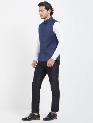 Navy blue cotton straight plain nehru jacket for men's 3
