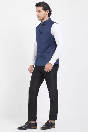 Navy blue cotton straight plain nehru jacket for men's