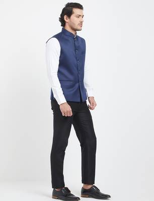 Navy blue cotton straight plain nehru jacket for men's 4