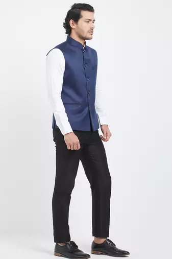Navy blue cotton straight plain nehru jacket for men's