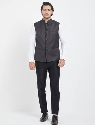 Dark grey cotton straight plain nehru jacket for men's 1