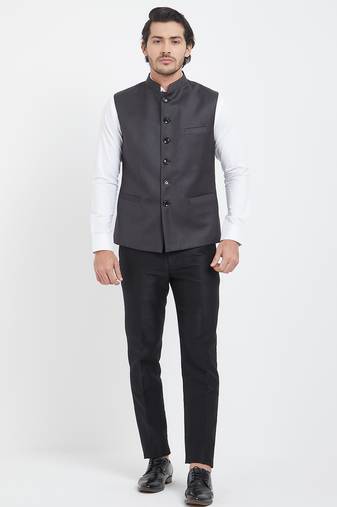 Dark grey cotton straight plain nehru jacket for men's