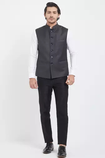 Dark grey cotton straight plain nehru jacket for men's