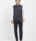 Dark grey cotton straight plain nehru jacket for men's
