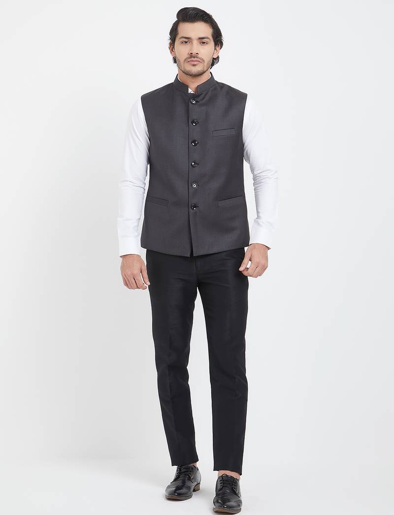 Dark grey cotton straight plain nehru jacket for men's