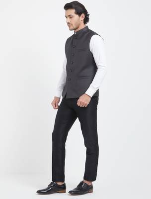 Dark grey cotton straight plain nehru jacket for men's 2