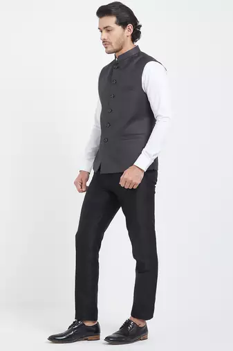 Dark grey cotton straight plain nehru jacket for men's