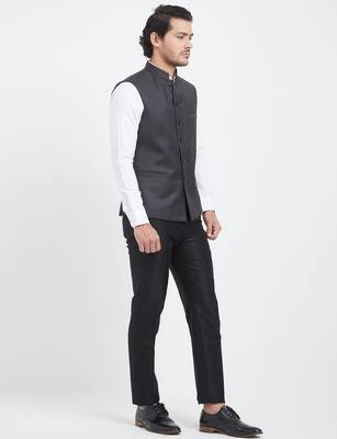 Dark grey cotton straight plain nehru jacket for men's 3