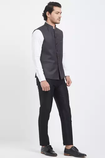 Dark grey cotton straight plain nehru jacket for men's