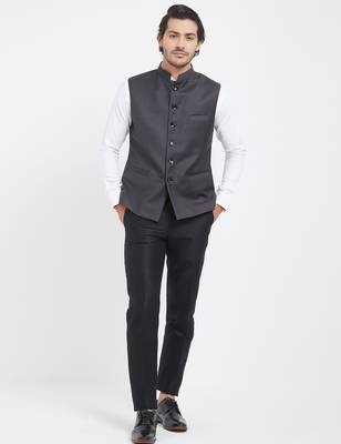 Dark grey cotton straight plain nehru jacket for men's 4