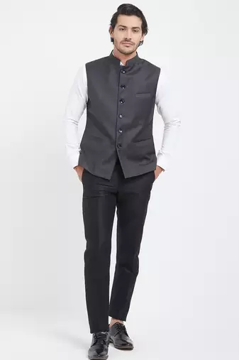Dark grey cotton straight plain nehru jacket for men's
