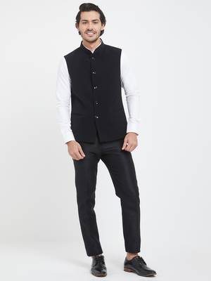 Black cotton straight plain nehru jacket for men's 1