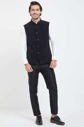 Black cotton straight plain nehru jacket for men's