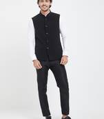 Black cotton straight plain nehru jacket for men's