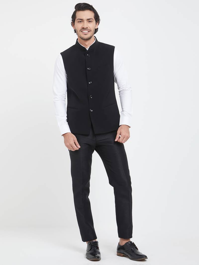Black cotton straight plain nehru jacket for men's