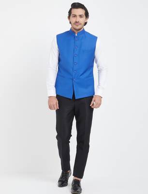 Sky blue cotton straight plain nehru jacket for men's 1