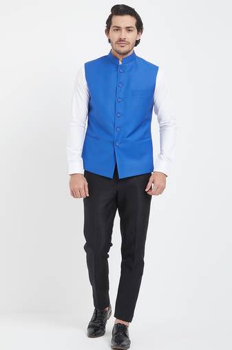 Sky blue cotton straight plain nehru jacket for men's