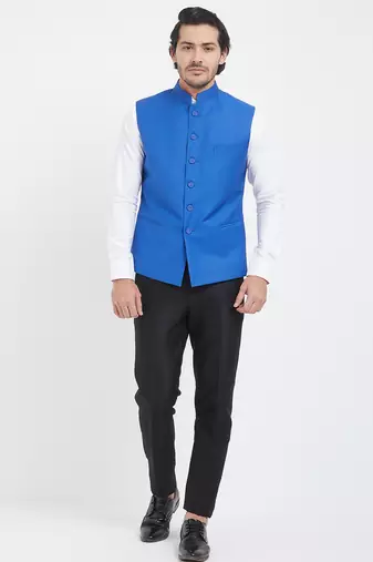 Sky blue cotton straight plain nehru jacket for men's