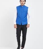 Sky blue cotton straight plain nehru jacket for men's