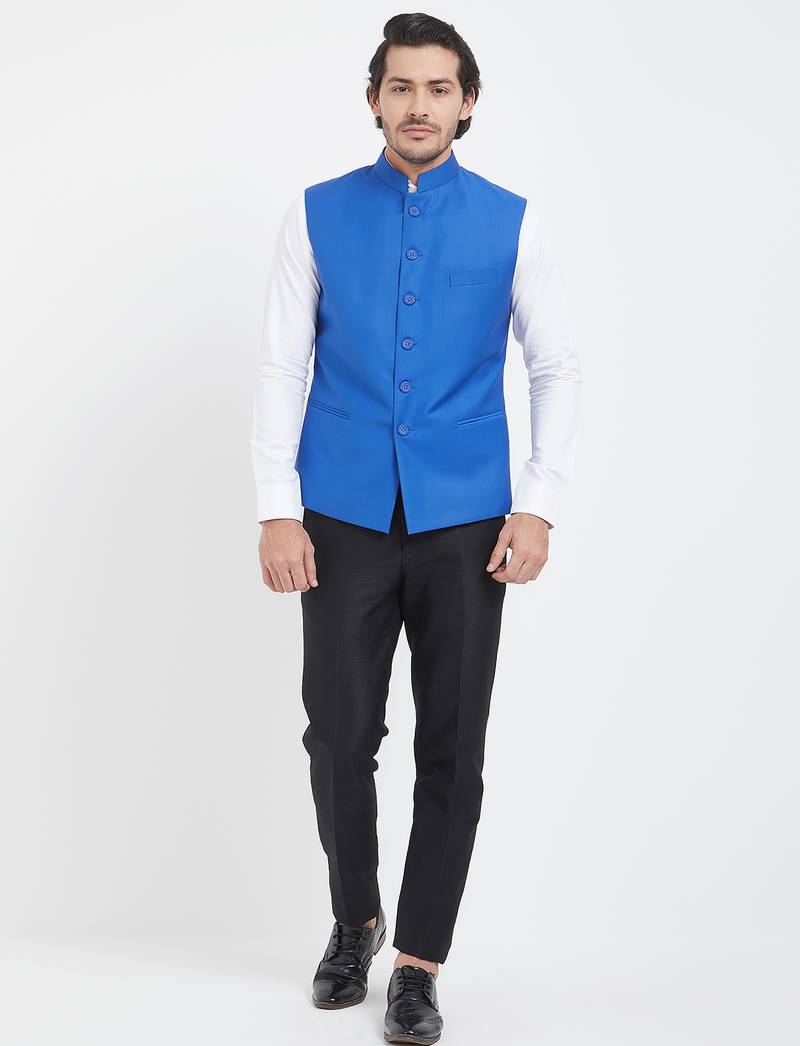 Sky blue cotton straight plain nehru jacket for men's