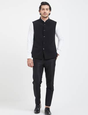 Black cotton straight plain nehru jacket for men's 2