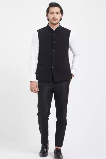 Black cotton straight plain nehru jacket for men's