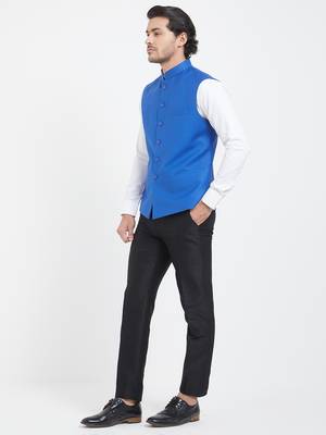Sky blue cotton straight plain nehru jacket for men's 2
